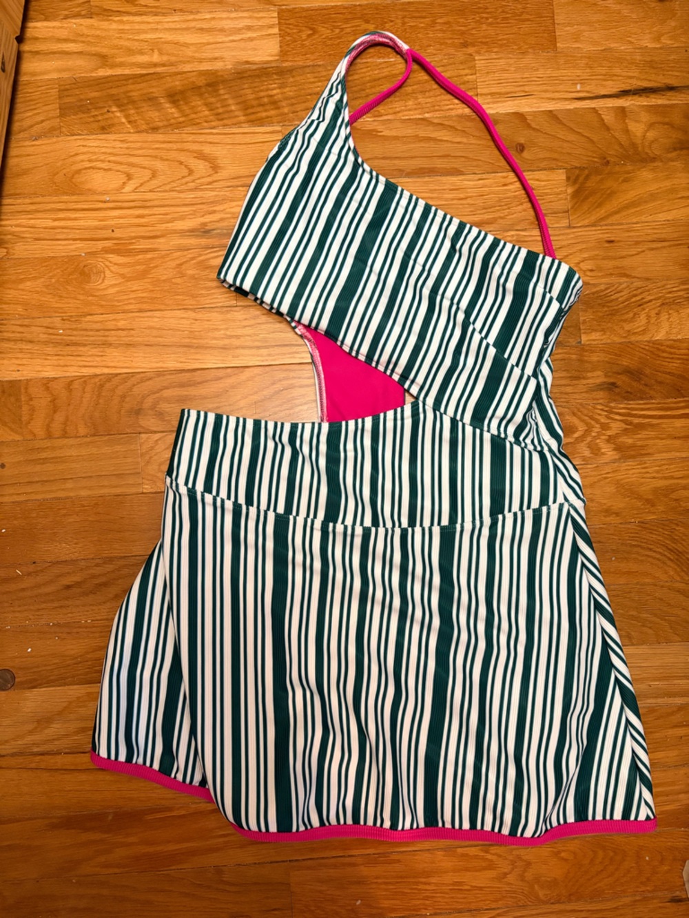 LainSnow Green and White Striped One-Piece Swimsuit with Hot Pink Lining